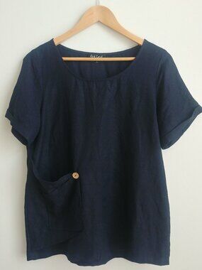 Red Coral Small linen dark navy blue short sleeve lagenlook blouse shirt top
